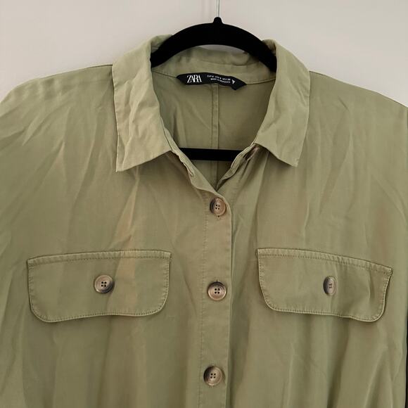 Zara Women's Light Green Long Sleeve Button Front‎ Tie Waist Shirt Dress Size S - Picture 3 of 10